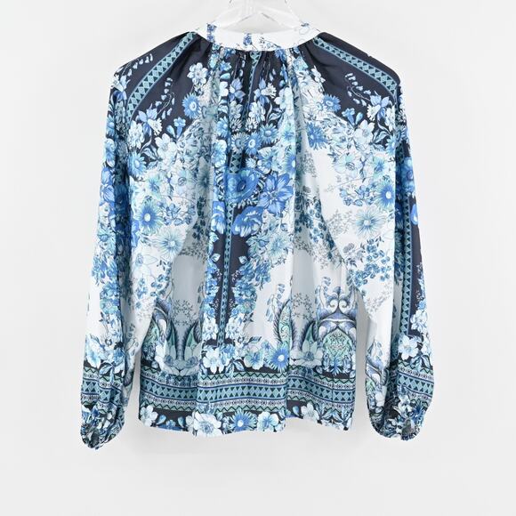 FATE Womens Billow Sleeve Blouse Top Sz S Blue Floral Tie Neck Button Boho Retro - Picture 2 of 12